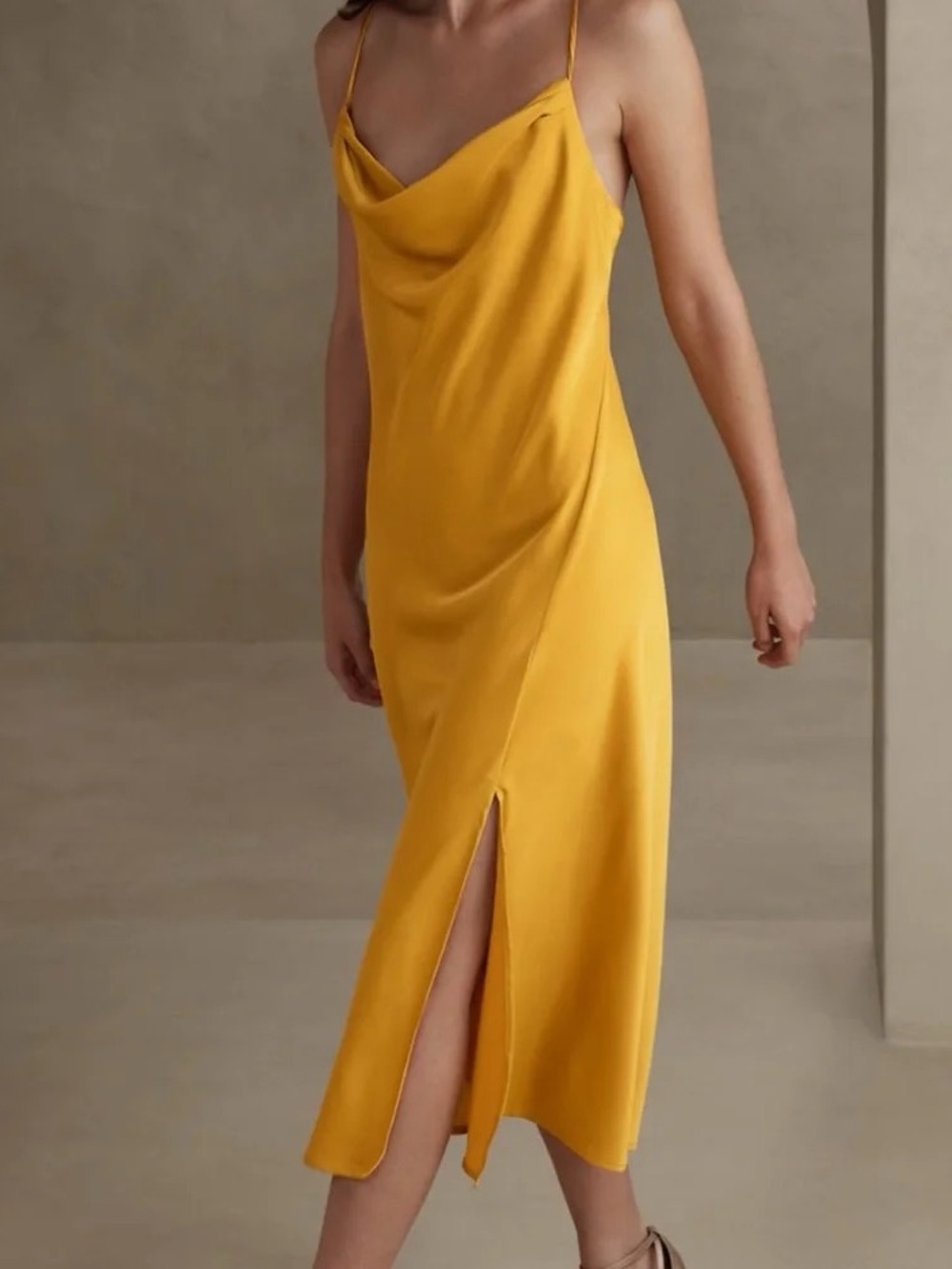 NWOT Banana Republic Midi Slip Dress Golden Yellow Satin Cowl Neck Size XL